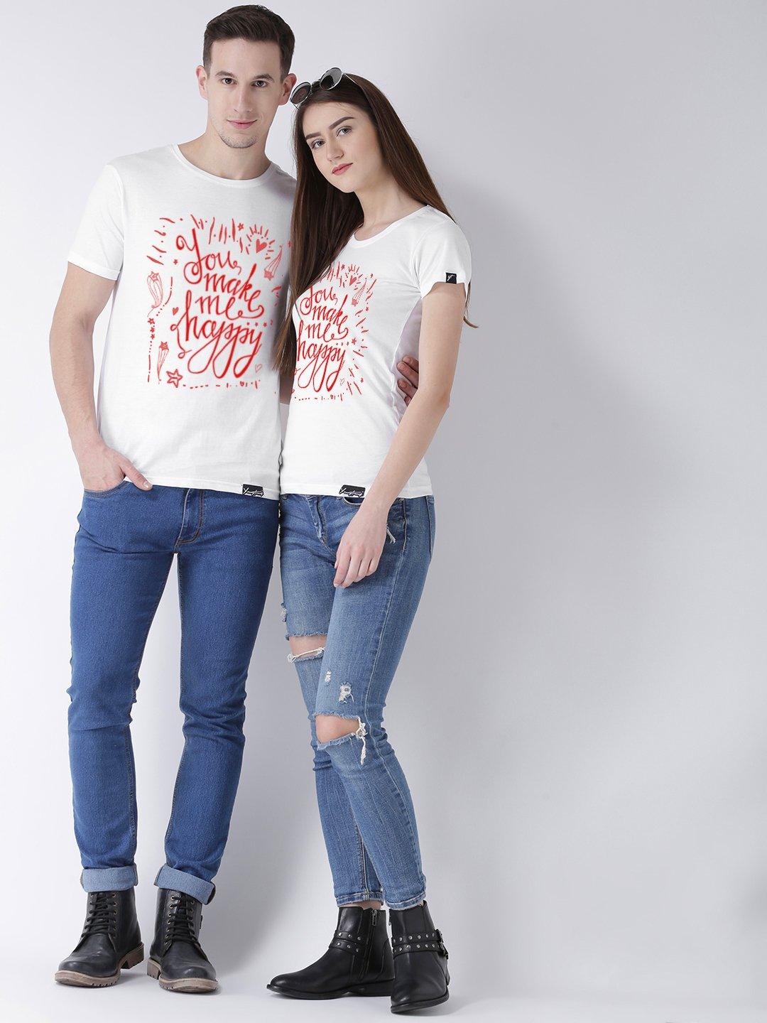 Happy Printed White Color Couple Tshirts - Young Trendz