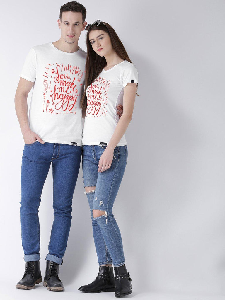 Happy Printed White Color Couple Tshirts - Young Trendz