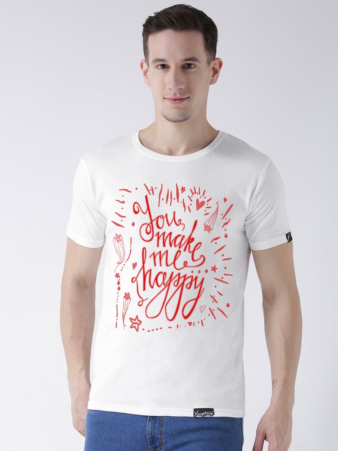 Happy Printed White Color Couple Tshirts - Young Trendz