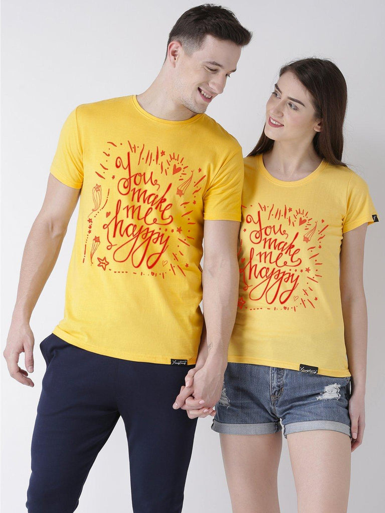 Happy Printed Yellow Color Couple Tshirts - Young Trendz