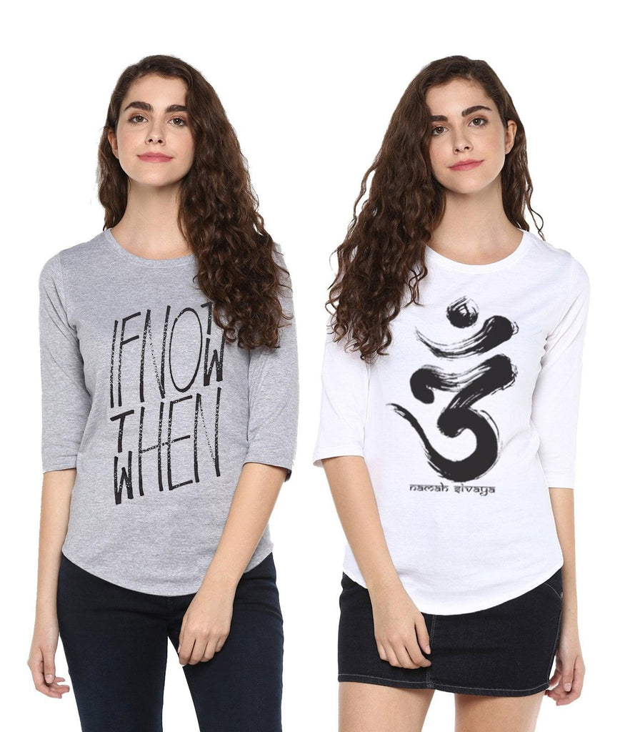 Young Trendz Womens Combo 3/4th Sleeve Ifnot Printed Grey Color and Omm Printed White Color Tshirts - Young Trendz