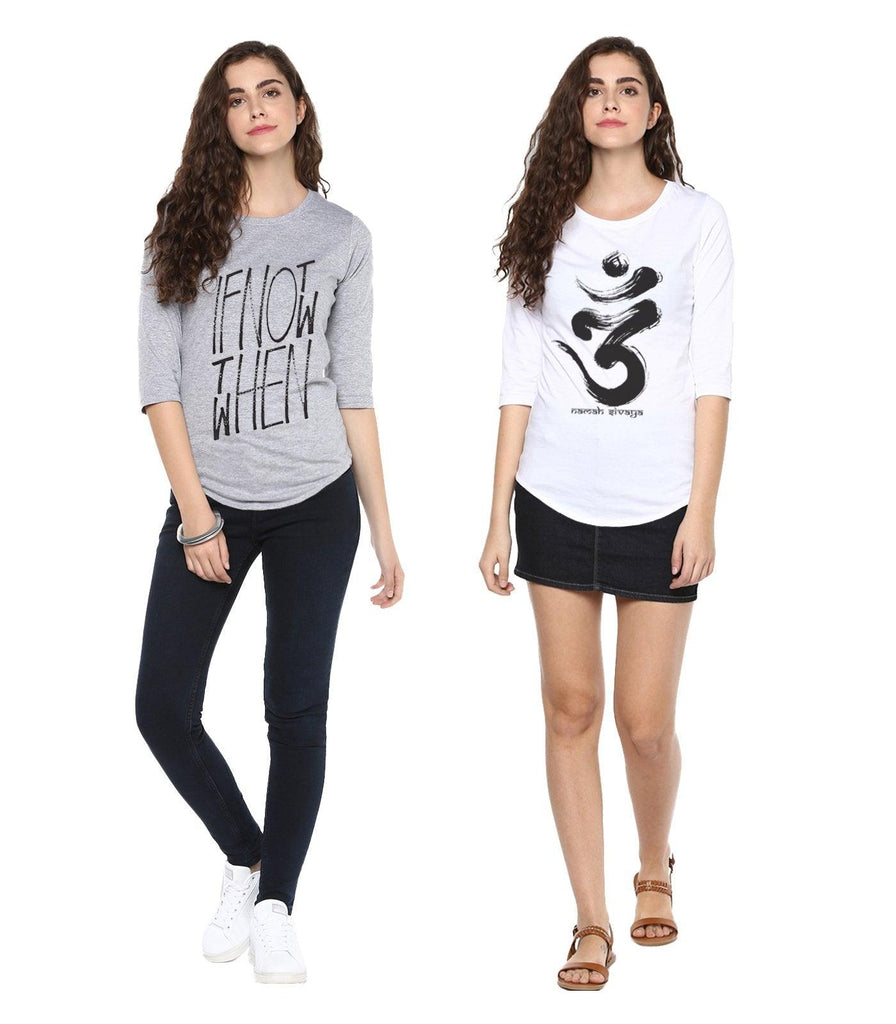 Young Trendz Womens Combo 3/4th Sleeve Ifnot Printed Grey Color and Omm Printed White Color Tshirts - Young Trendz