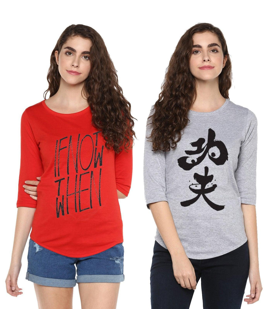 Young Trendz Womens Combo 3/4th Sleeve Ifnot Printed Red Color and Panda Printed Grey Color Tshirts - Young Trendz
