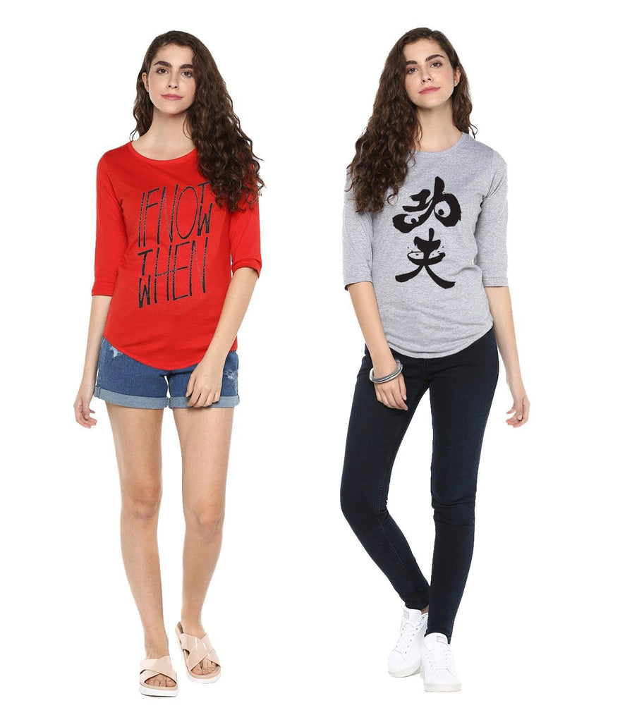 Young Trendz Womens Combo 3/4th Sleeve Ifnot Printed Red Color and Panda Printed Grey Color Tshirts - Young Trendz