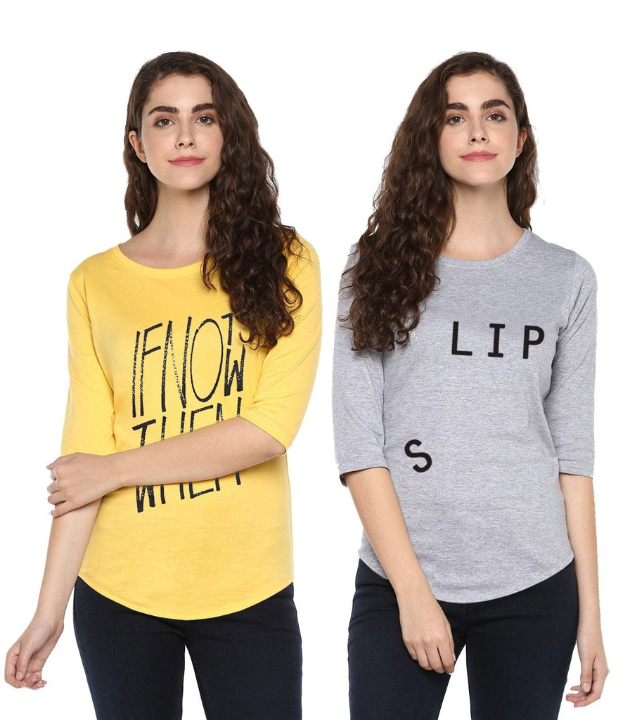 Young Trendz Womens Combo 3/4th Sleeve Ifnot Printed Yellow Color and Slip Printed Grey Color Tshirts - Young Trendz