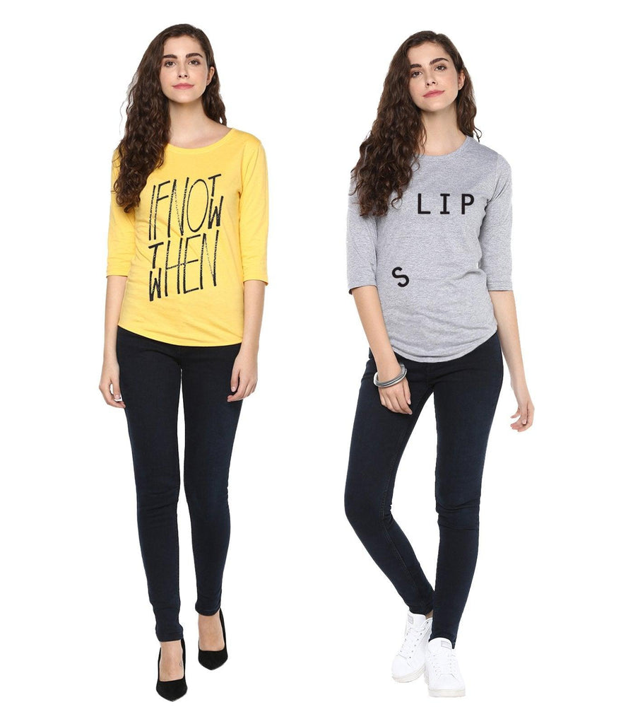 Young Trendz Womens Combo 3/4th Sleeve Ifnot Printed Yellow Color and Slip Printed Grey Color Tshirts - Young Trendz