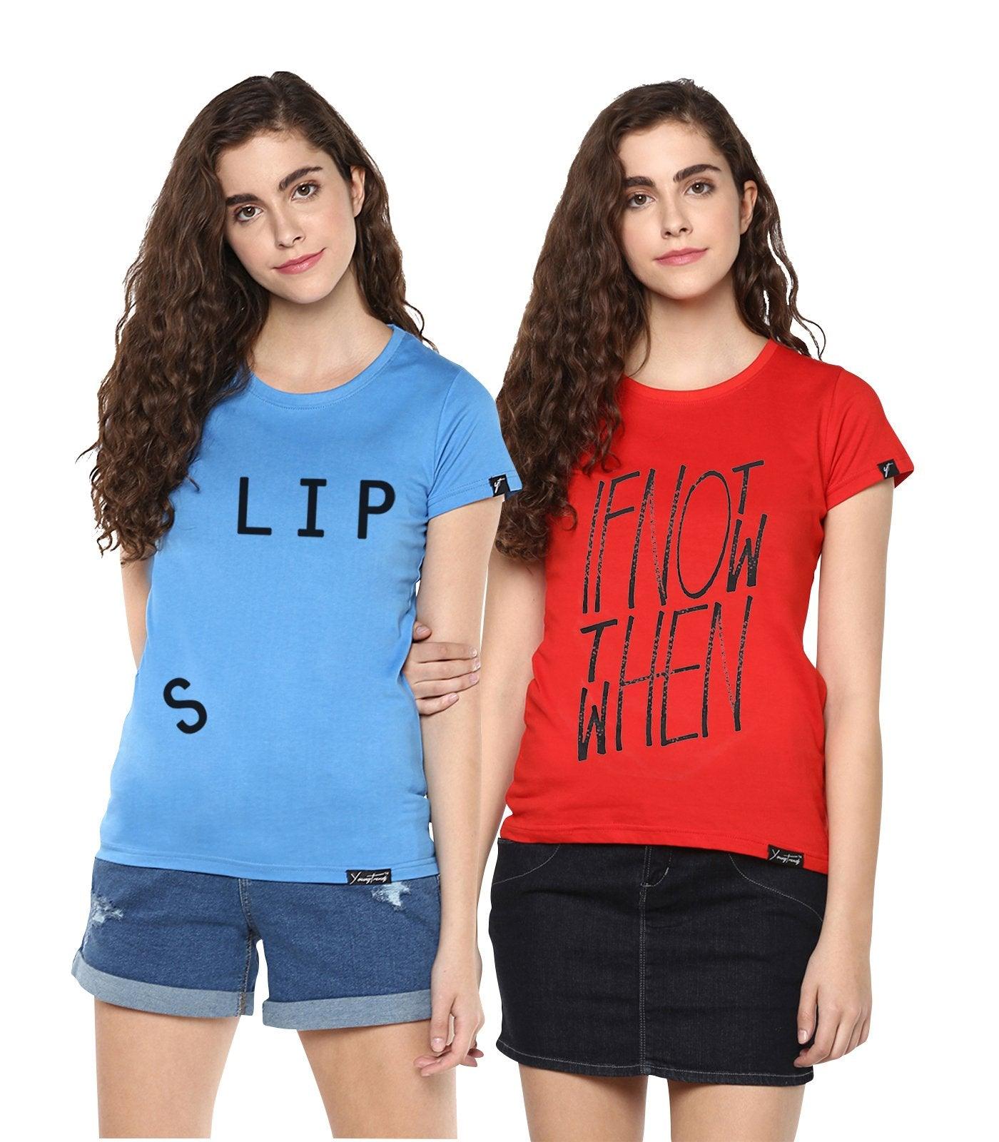 Young Trendz Womens Combo Half Sleeve Ifnot Printed Red Color and Slip Printed Skyblue Color Tshirts - Young Trendz