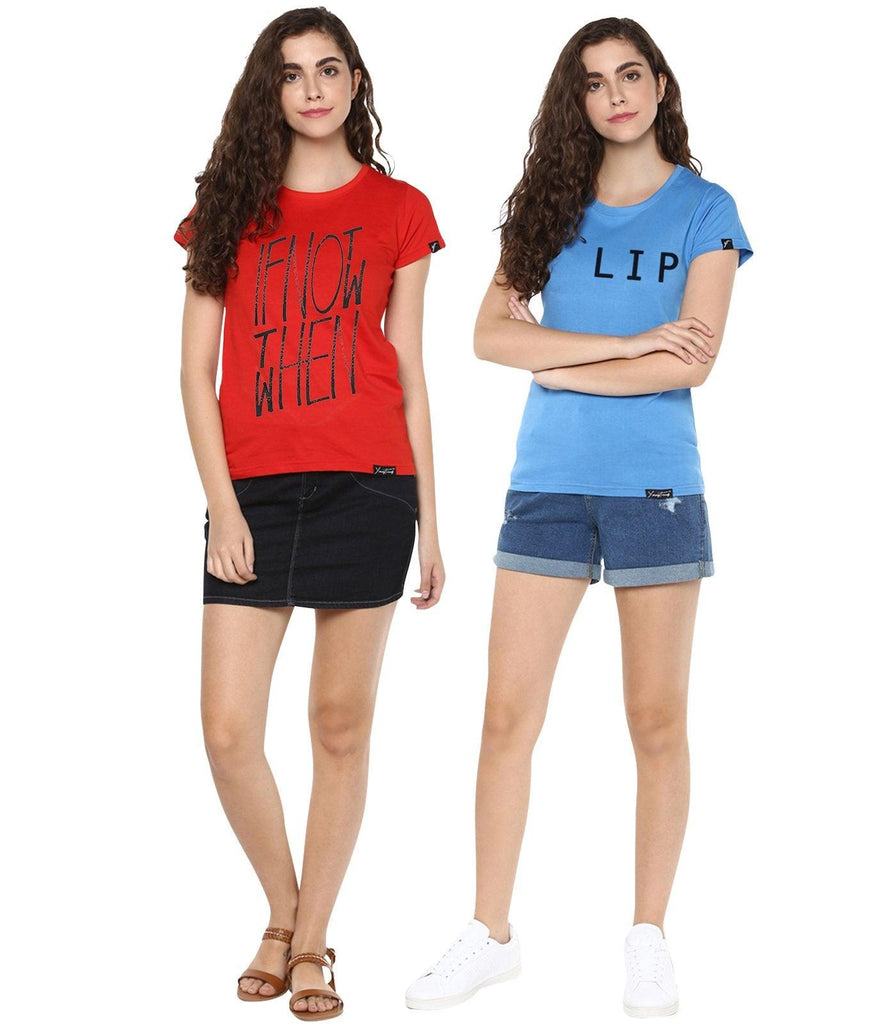 Young Trendz Womens Combo Half Sleeve Ifnot Printed Red Color and Slip Printed Skyblue Color Tshirts - Young Trendz