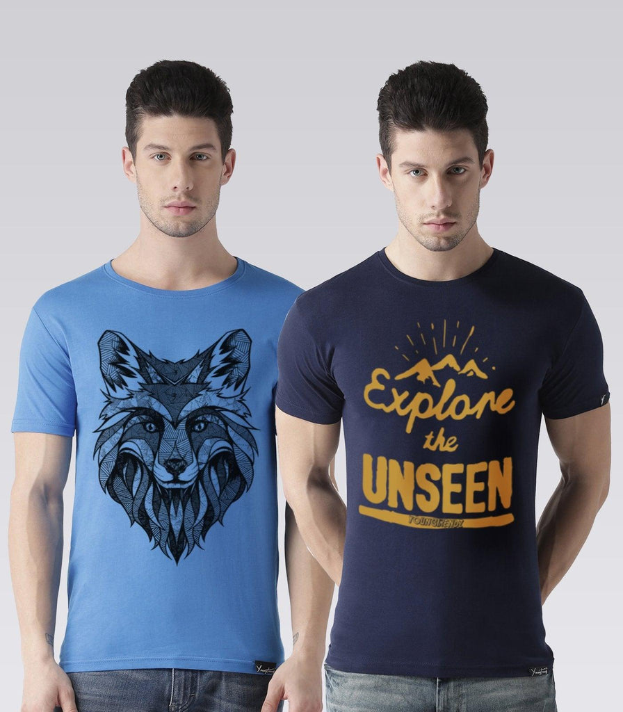 Young Trendz Mens Combo Linewolf Skyblue Color and Explore Navy Color Half Sleeve Printed T-Shirts - Young Trendz