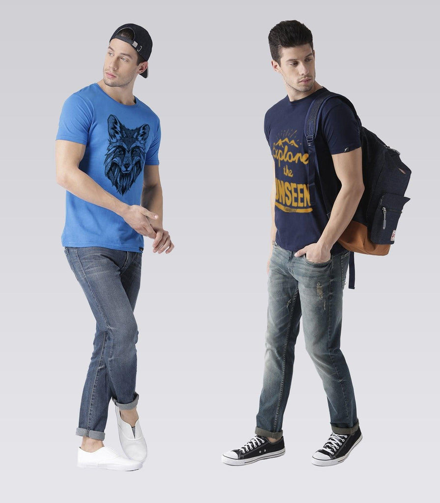 Young Trendz Mens Combo Linewolf Skyblue Color and Explore Navy Color Half Sleeve Printed T-Shirts - Young Trendz