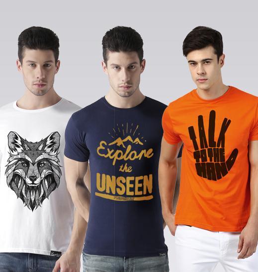 Young Trendz Mens Combo Line White Color Explore Navy Color and Talk Orange Color Half Sleeve Printed T-Shirts - Young Trendz