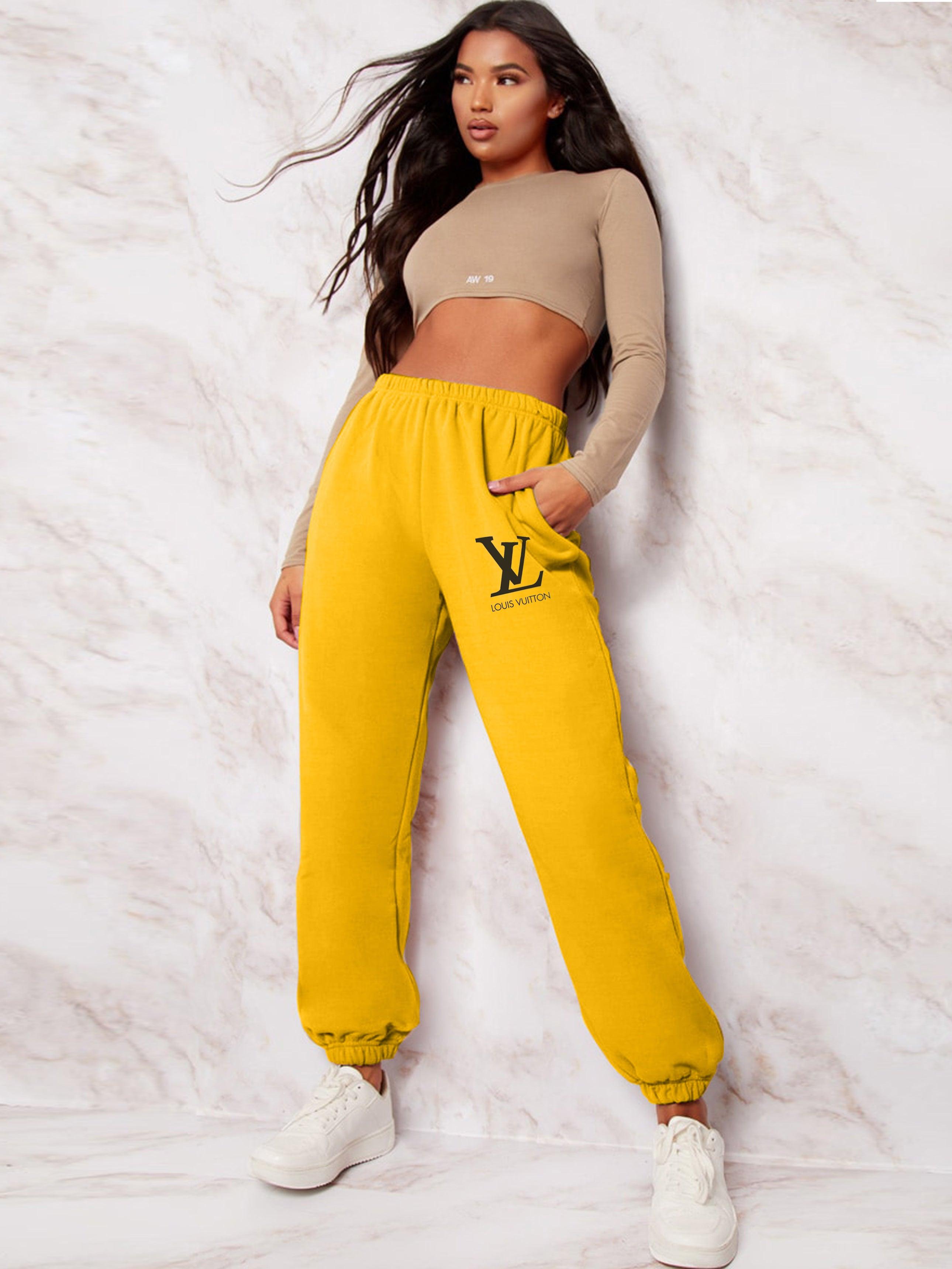 Women's Pocket Printed(LV) Jogger Sweatpants (Sunflower Yellow) - Young Trendz