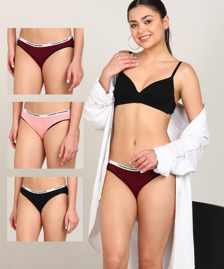 Women Branded Elastic Hipster Pack Of 3 - Briefs - Young Trendz