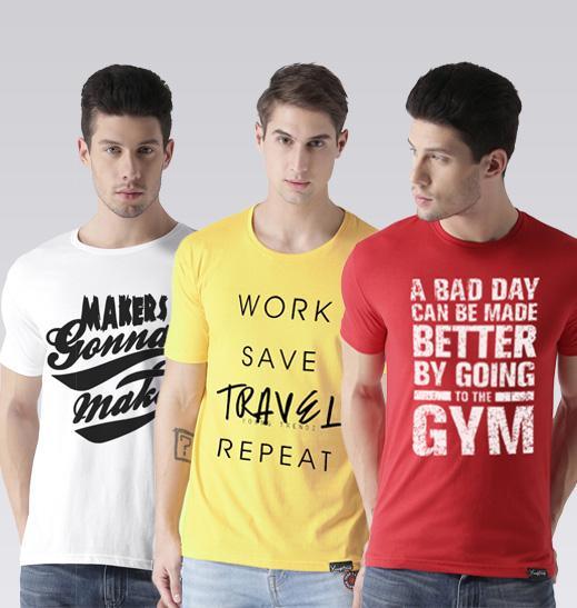 Young Trendz Mens Combo Maker White Color Travel Yellow Color and Gym Red Color Half Sleeve Printed T-Shirts - Young Trendz