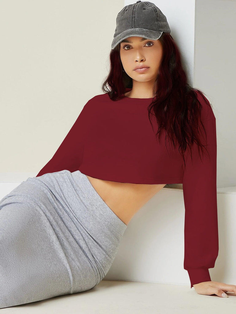 Womens Boxy Crop Full Sleeve Solid Sweatshirt (MAROON) - Young Trendz