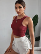 Rib-knit Tank Top Solid - Maroon - Young Trendz