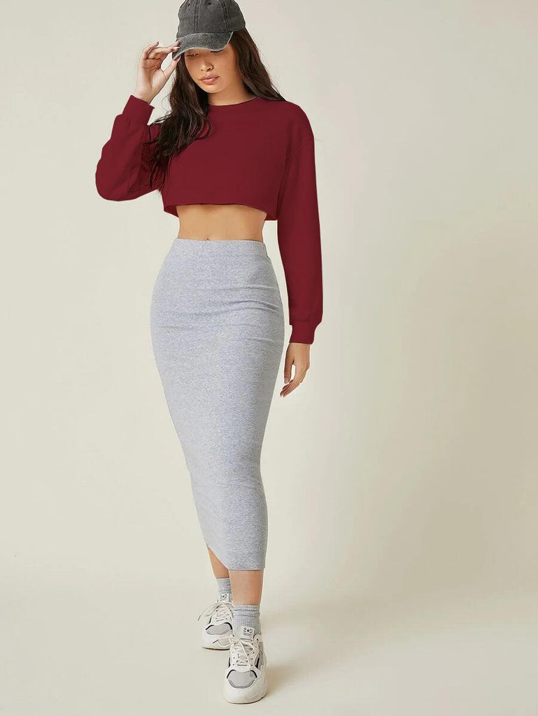 Womens Boxy Crop Full Sleeve Solid Sweatshirt (MAROON) - Young Trendz