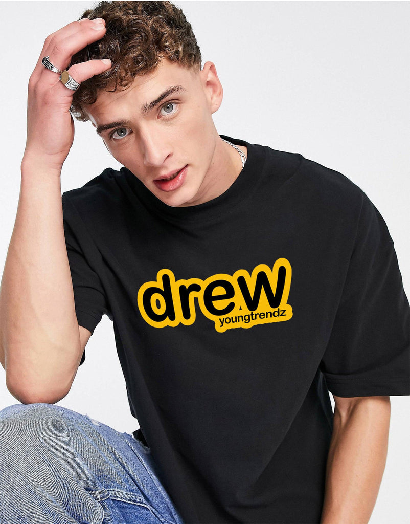Overzided Drew Typography Men Round Neck Black T-Shirt - Young Trendz