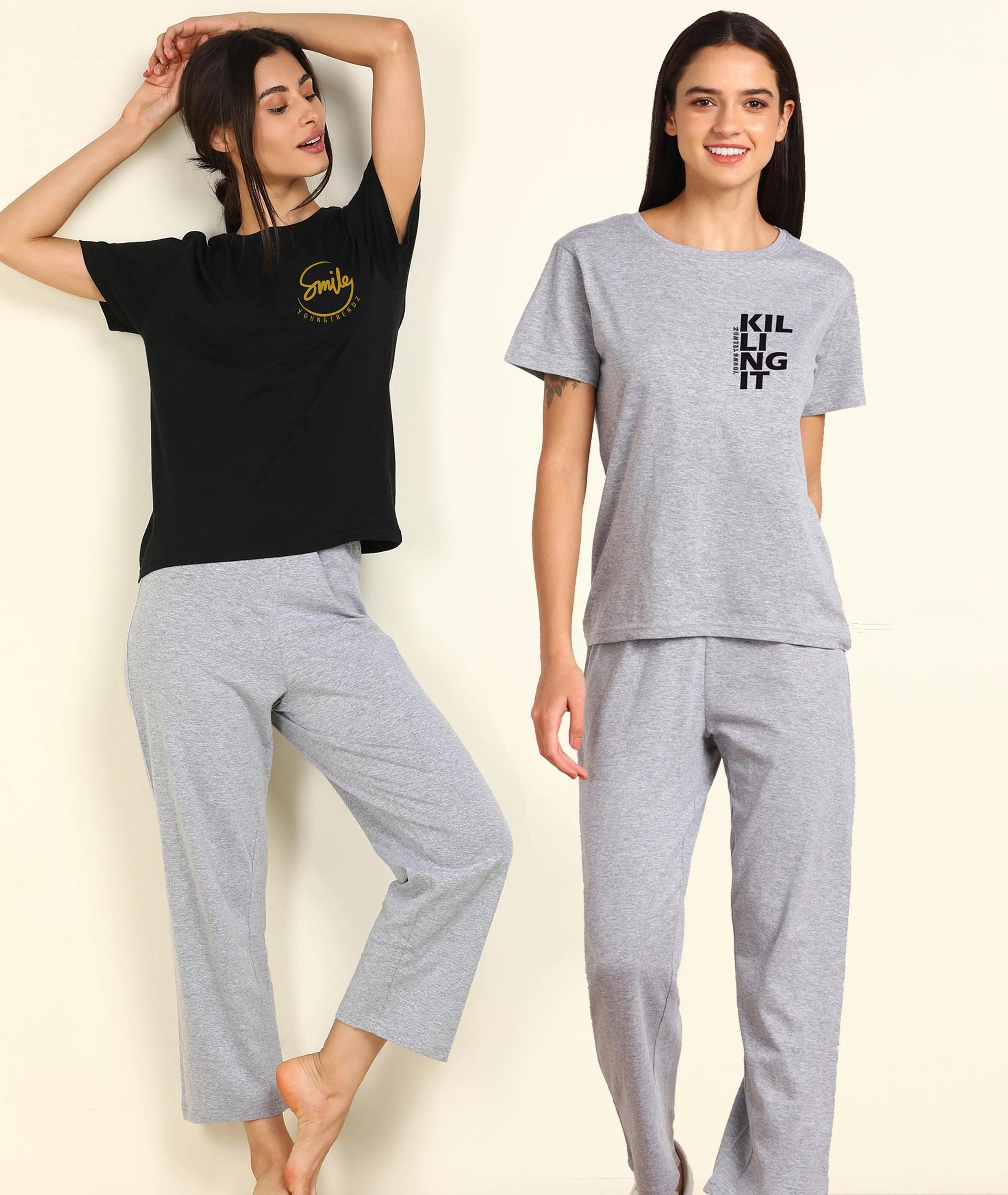 Women Printed T-shirt & Pyjama Set Pure Soft Cotton - Combo Set - Young Trendz