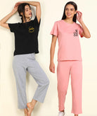 Women Printed T-shirt & Pyjama Set Pure Soft Cotton - Combo Set - Young Trendz