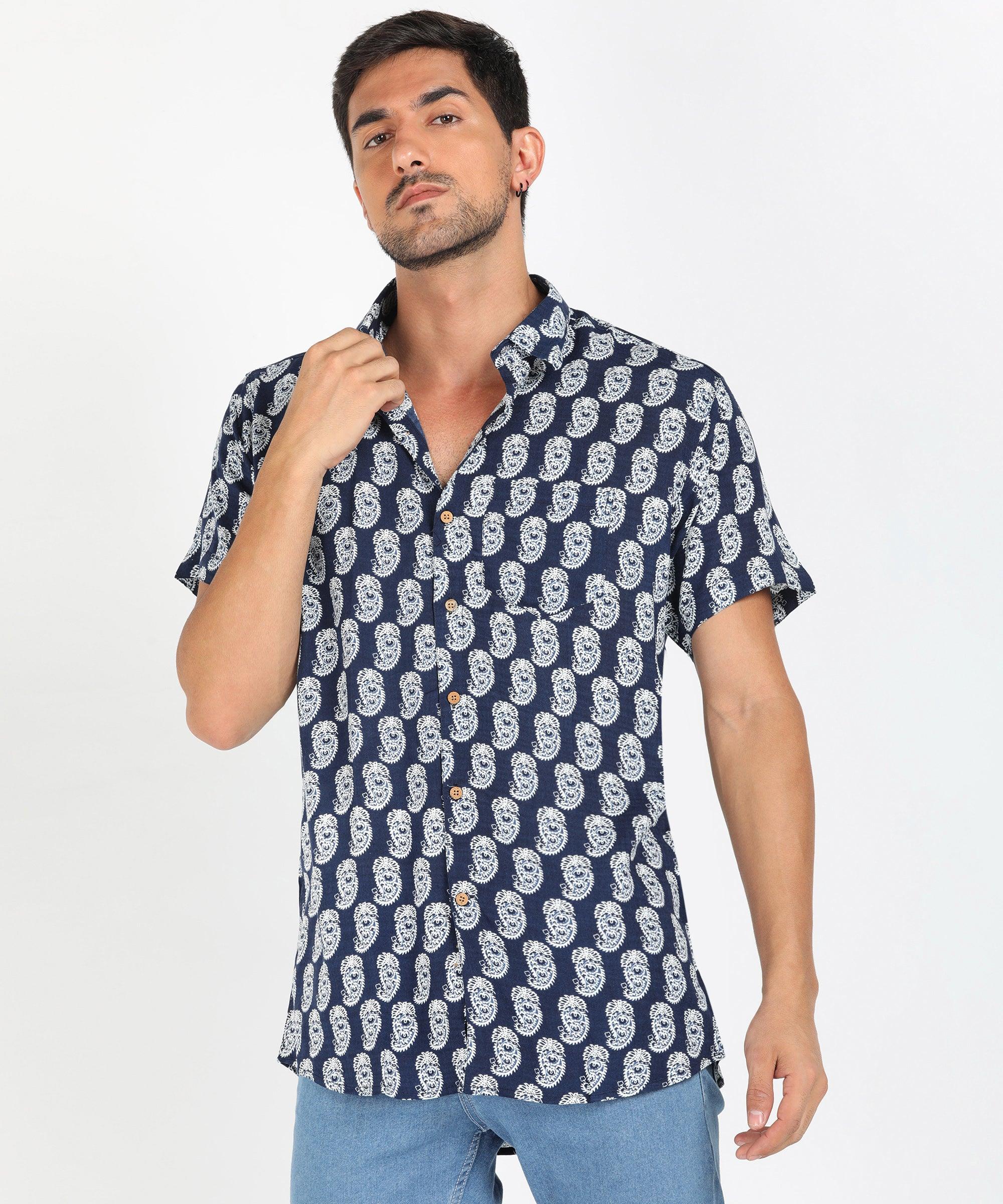 Mens Half Sleeve Casual Printed Shirt (Navy) - Young Trendz