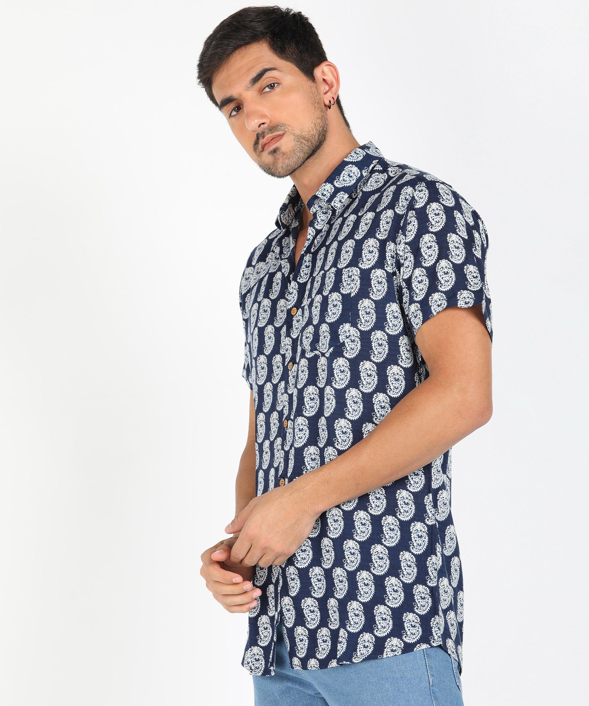 Mens Half Sleeve Casual Printed Shirt (Navy) - Young Trendz