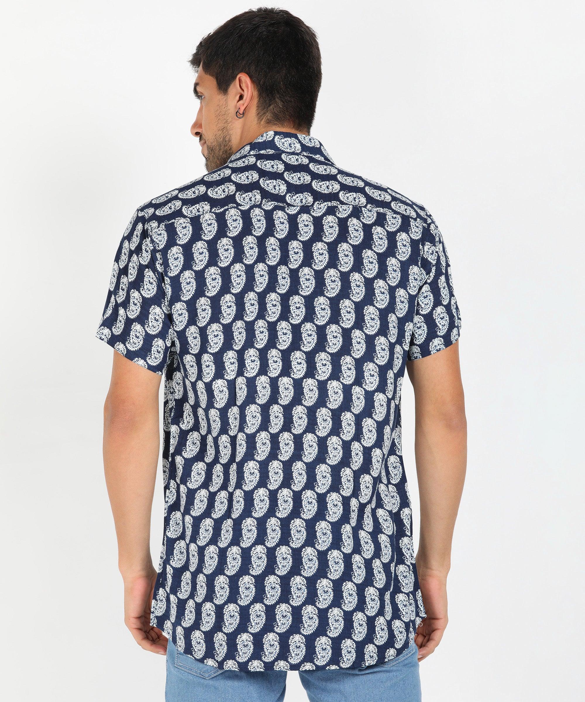 Mens Half Sleeve Casual Printed Shirt (Navy) - Young Trendz