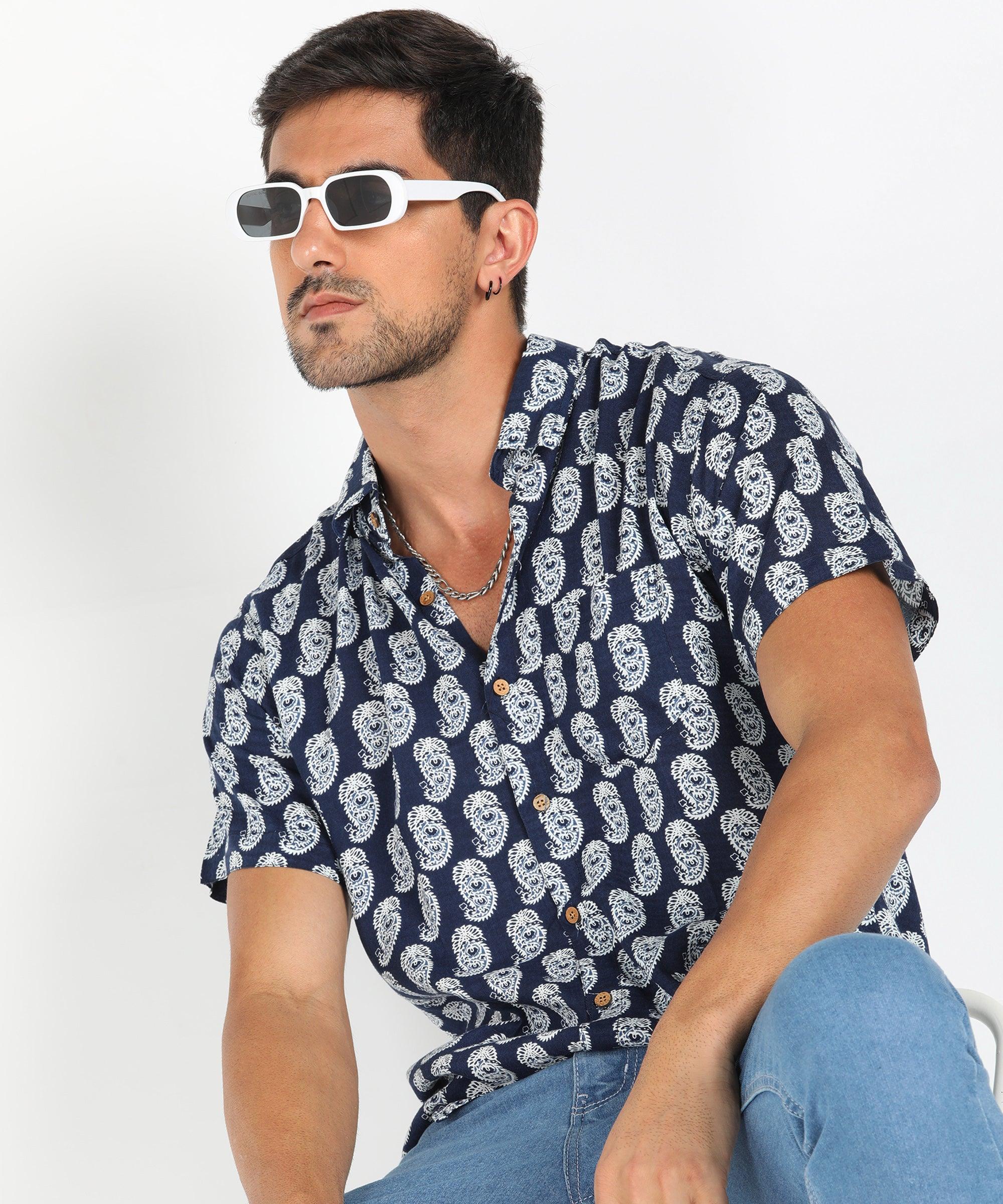 Mens Half Sleeve Casual Printed Shirt (Navy) - Young Trendz