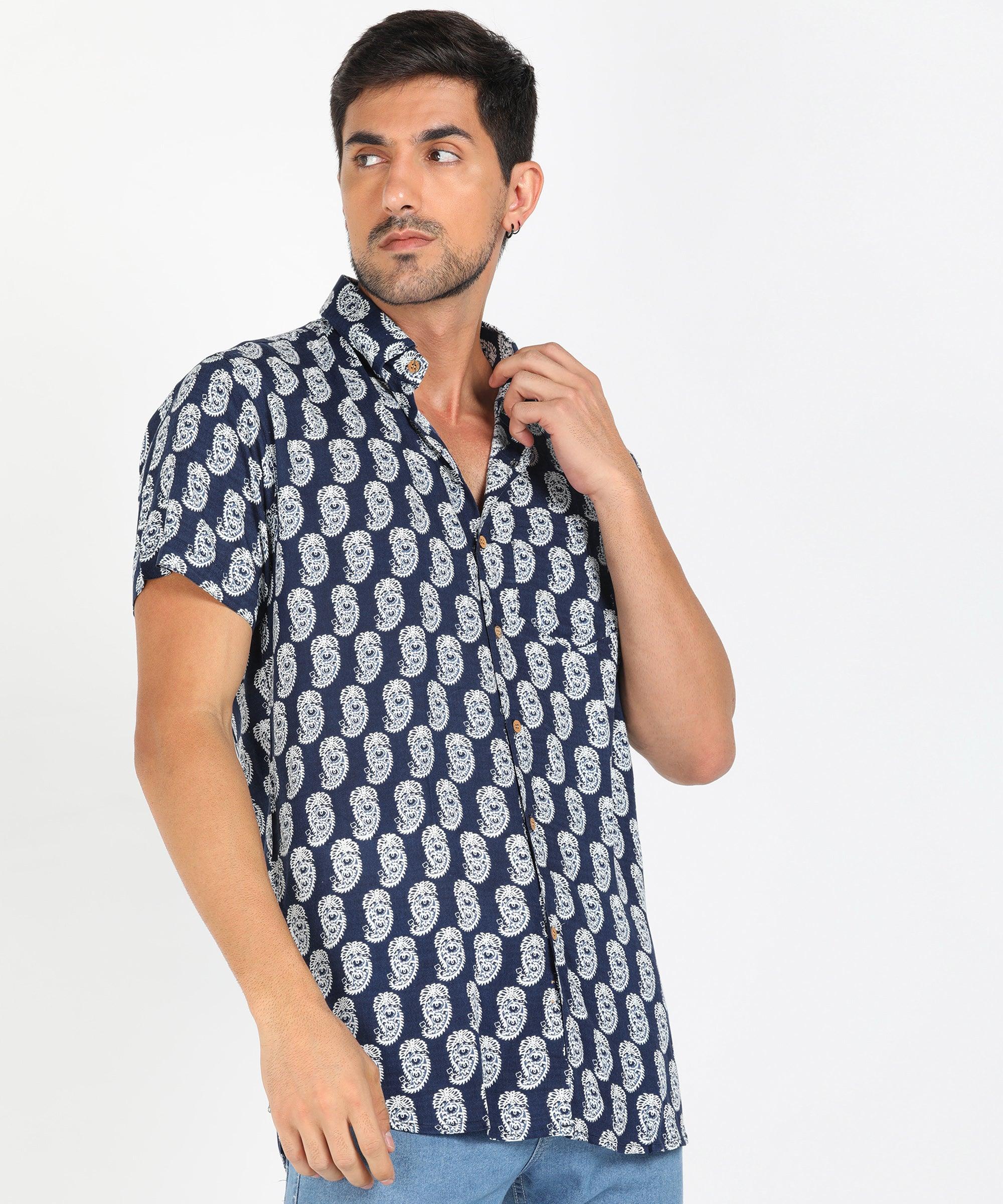 Mens Half Sleeve Casual Printed Shirt (Navy) - Young Trendz