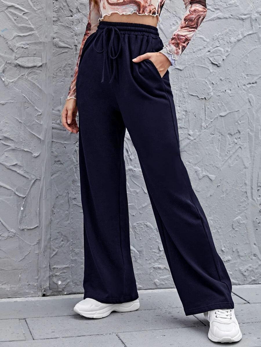 Womens Solid Loose Track Pants (Navy) - Young Trendz