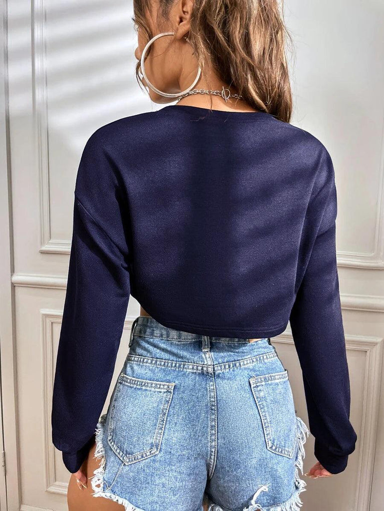 Womens Boxy Crop Full Sleeve Solid Sweatshirt (NAVY) - Young Trendz