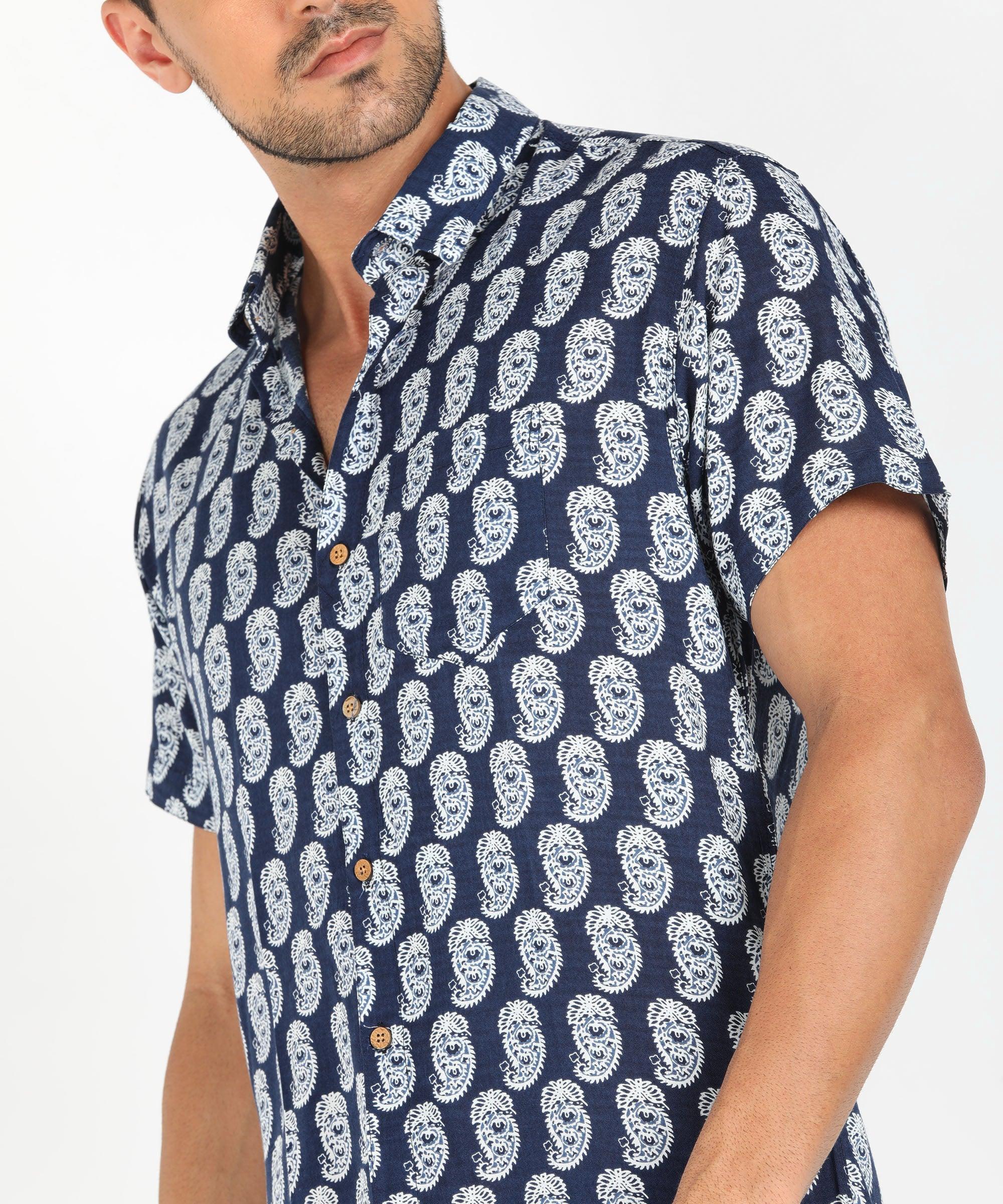 Mens Half Sleeve Casual Printed Shirt (Navy) - Young Trendz