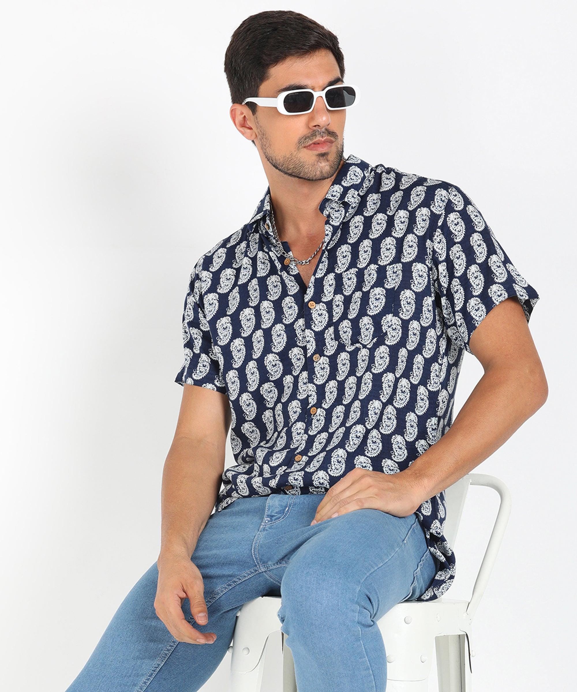 Mens Half Sleeve Casual Printed Shirt (Navy) - Young Trendz