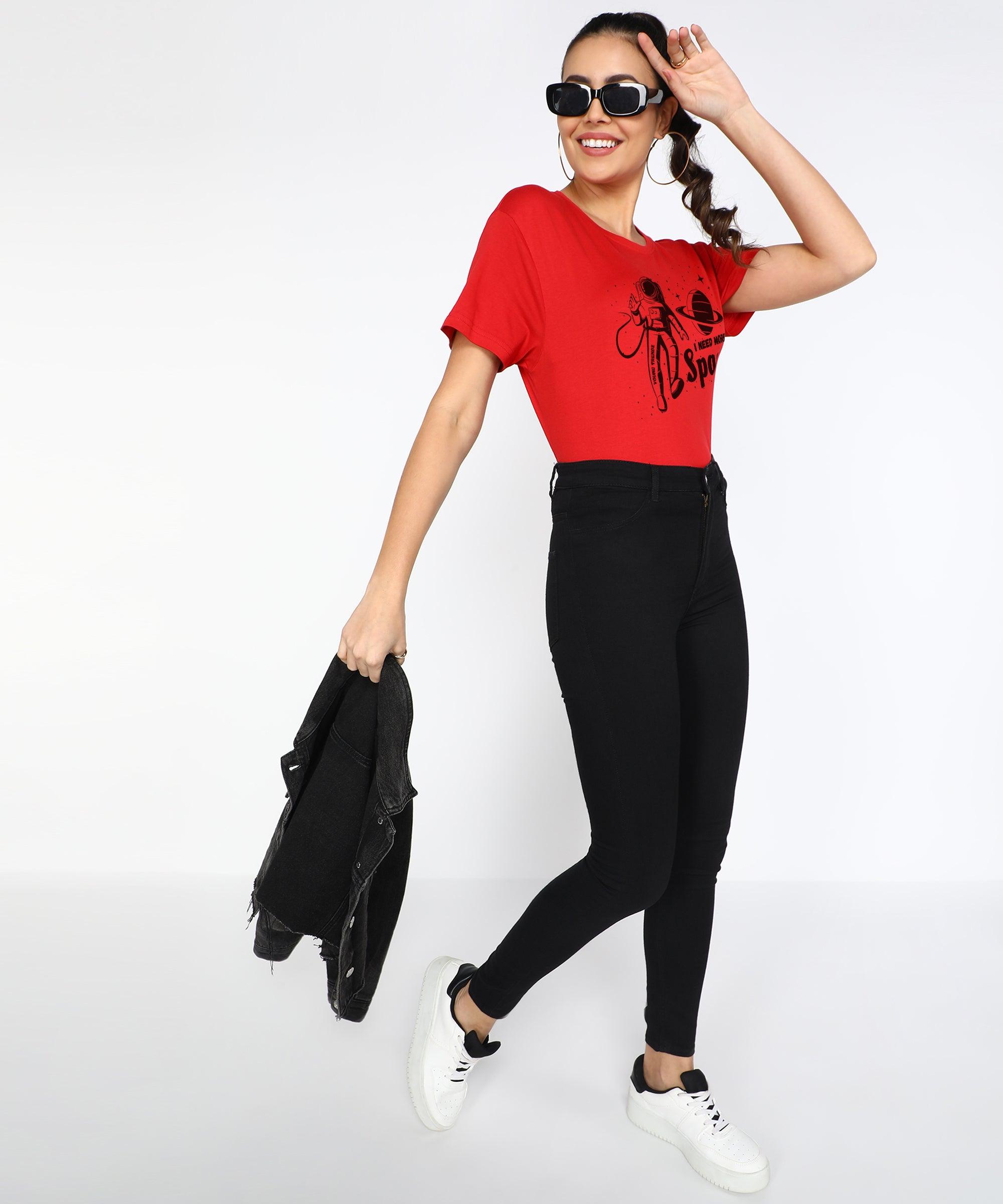 Womens Over Size Half Sleeve Printed T.shirts (Red) - Young Trendz