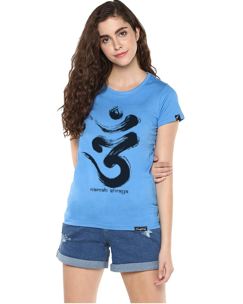 Womens Half Sleeve Omm Printed Blue Color Tshirts - Young Trendz