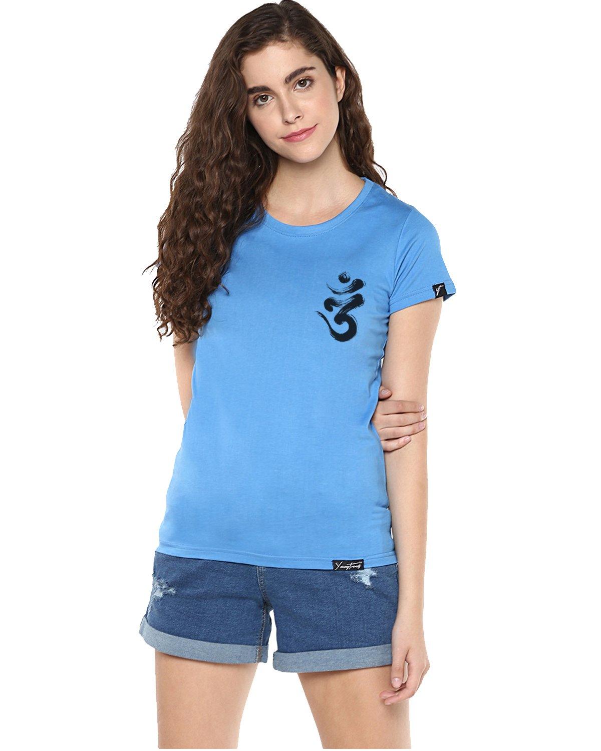 Womens Half Sleeve Ommtrishul Printed Blue Color Tshirts - Young Trendz