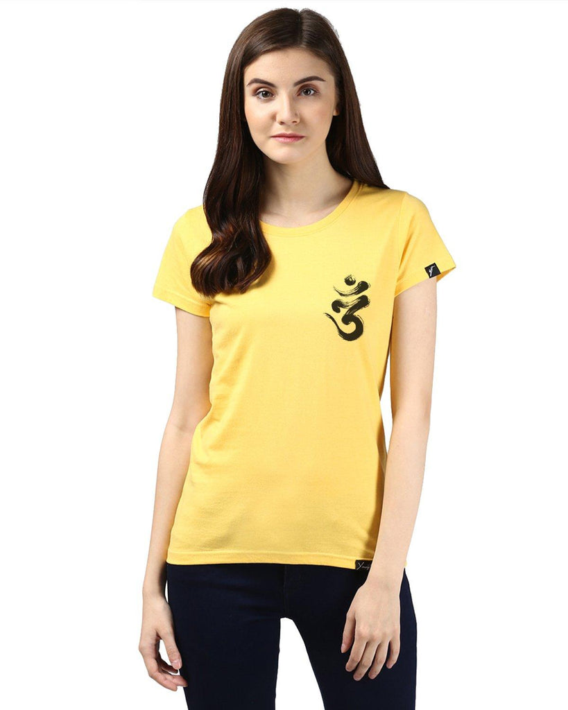 Womens Half Sleeve Ommtrishul Printed Yellow Color Tshirts - Young Trendz