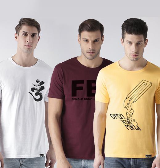 Young Trendz Mens Combo Ommtri White Color Fbi Maroon Color and Open Yellow Color Half Sleeve Printed T-Shirts - Young Trendz