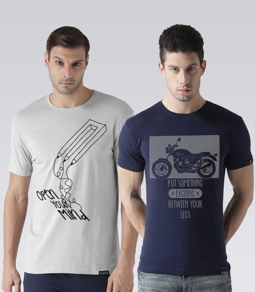 Young Trendz Mens Combo Openmind Steel Grey Color and Bikelegs Navy Color Half Sleeve Printed T-Shirts - Young Trendz