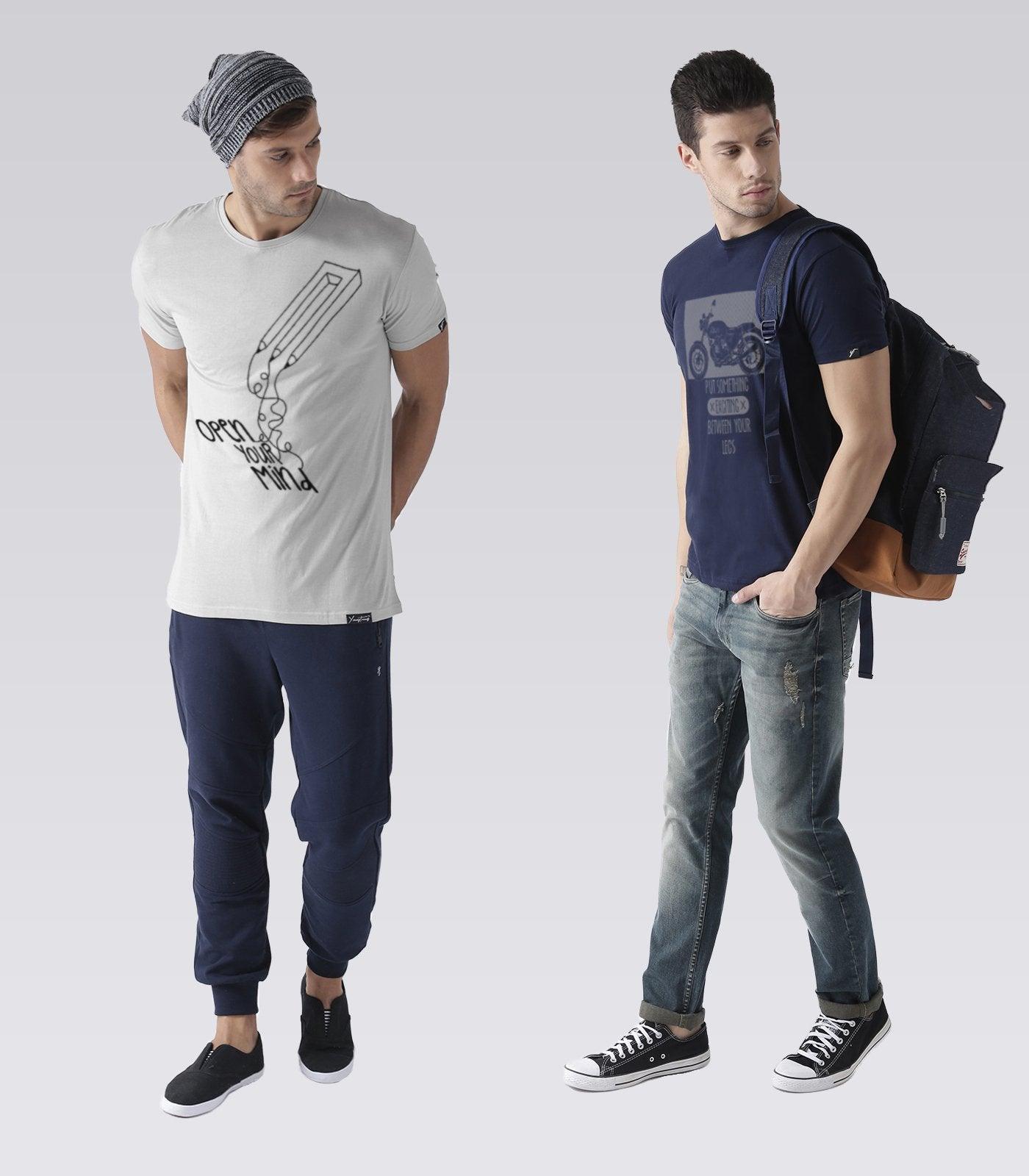 Young Trendz Mens Combo Openmind Steel Grey Color and Bikelegs Navy Color Half Sleeve Printed T-Shirts - Young Trendz