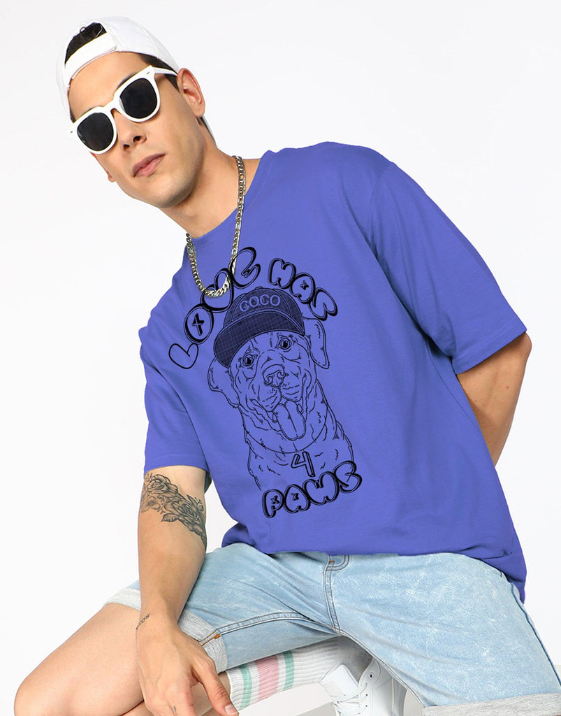 Oversized Typography Men Round Neck Blue T-Shirt - Young Trendz