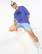 Oversized Typography Men Round Neck Blue T-Shirt - Young Trendz