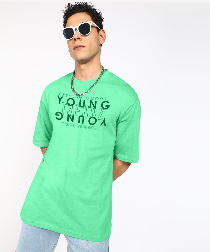 Oversized Typography Men Round Neck Light Green T-Shirt - Young Trendz