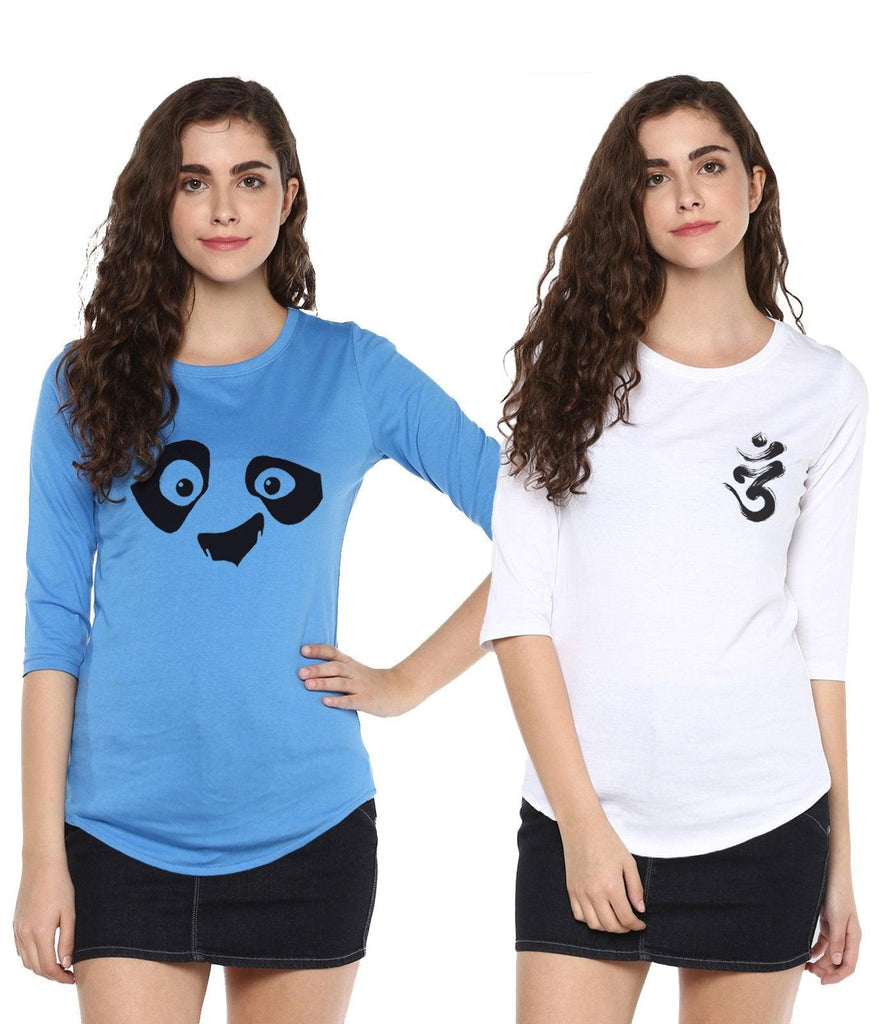 Young Trendz Womens Combo 3/4th Sleeve Pandaeyes Printed Sky Blue Color and Ommpocket Printed White Color Tshirts - Young Trendz