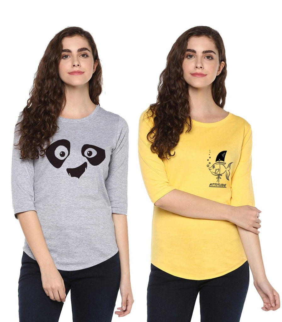 Young Trendz Womens Combo 3/4th Sleeve Pandaeyes Printed Grey Color and Fish Printed Yellow Color Tshirts - Young Trendz