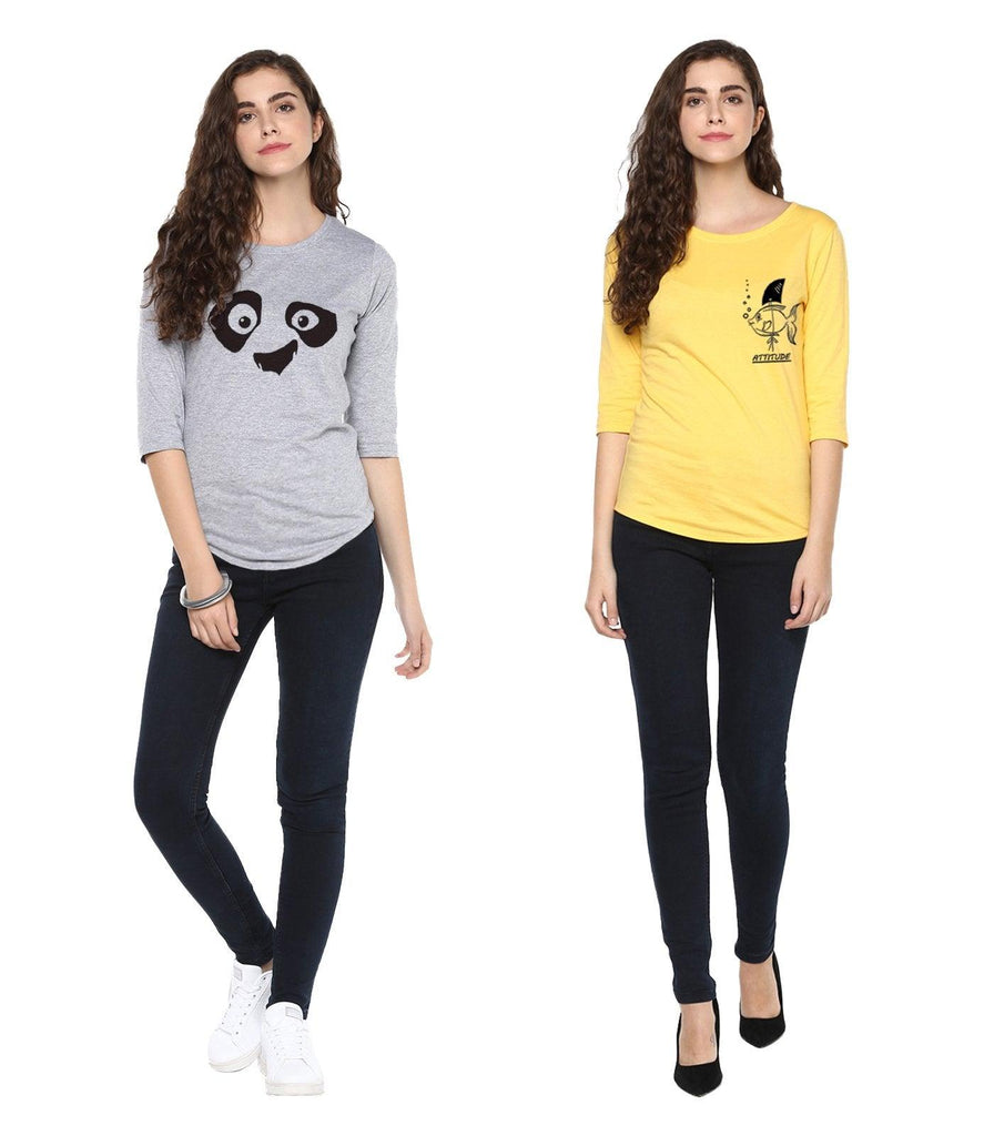 Young Trendz Womens Combo 3/4th Sleeve Pandaeyes Printed Grey Color and Fish Printed Yellow Color Tshirts - Young Trendz
