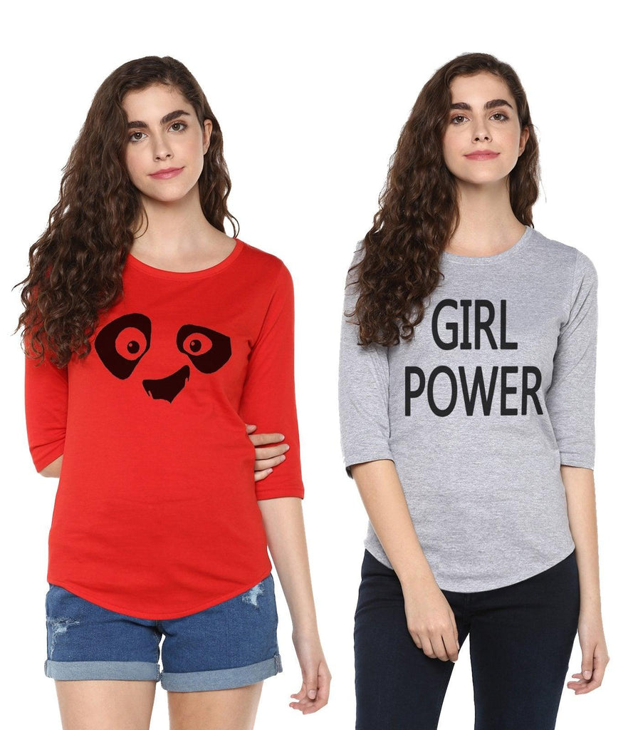 Young Trendz Womens Combo 3/4th Sleeve Pandaeyes Printed Red Color and Girlpower Printed Grey Color Tshirts - Young Trendz