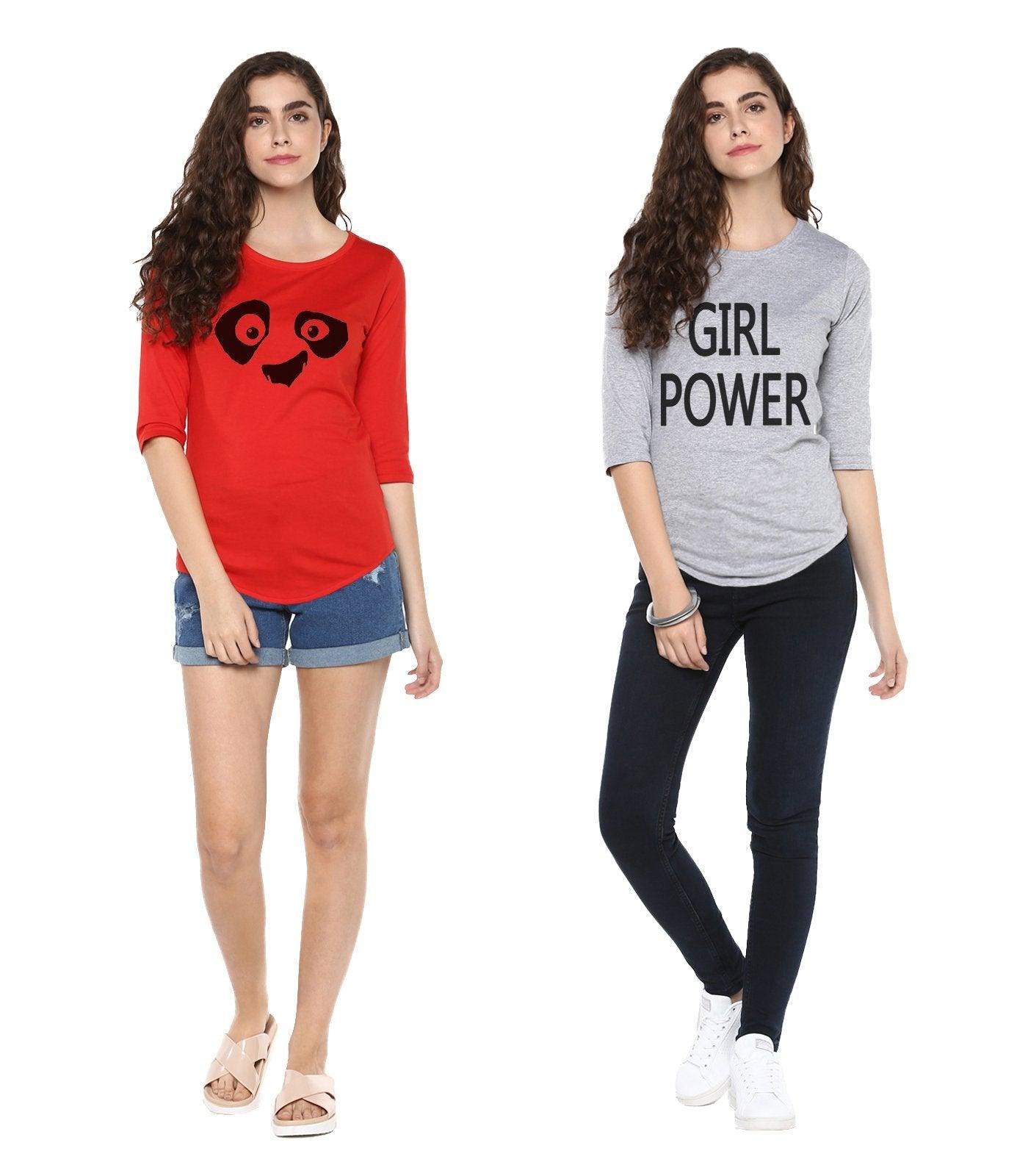 Young Trendz Womens Combo 3/4th Sleeve Pandaeyes Printed Red Color and Girlpower Printed Grey Color Tshirts - Young Trendz