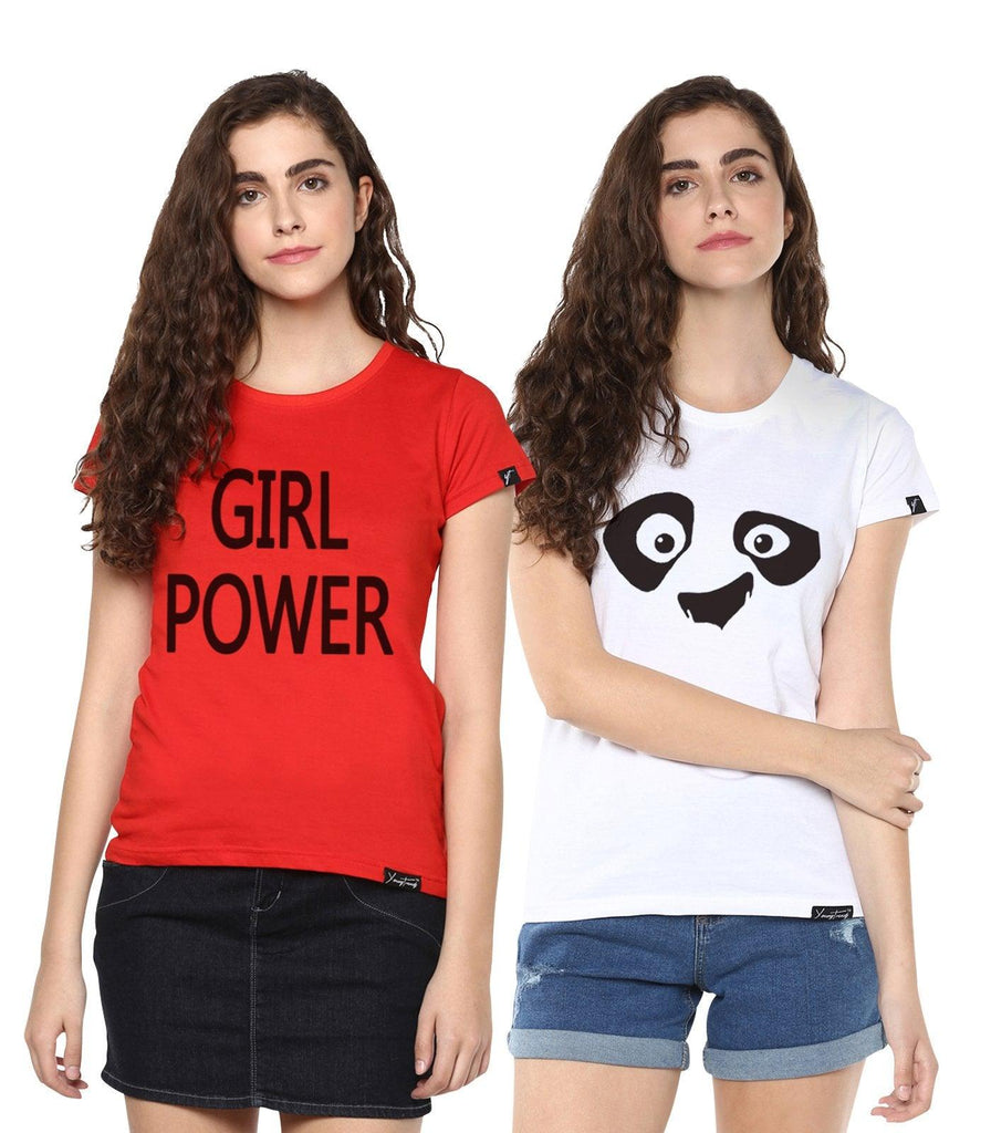 Young Trendz Womens Combo Half Sleeve Pandaeyes Printed White Color and Girlpower Printed Red Color Tshirts - Young Trendz