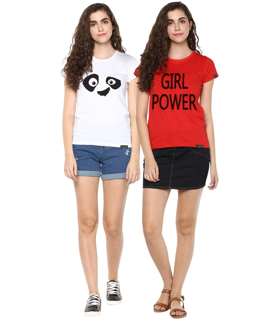 Young Trendz Womens Combo Half Sleeve Pandaeyes Printed White Color and Girlpower Printed Red Color Tshirts - Young Trendz